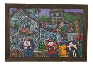 Mid 20th Century "Gathering of the Townspeople" Expressionist Folk Art Style Painting by Bea Haverbusch, Framed