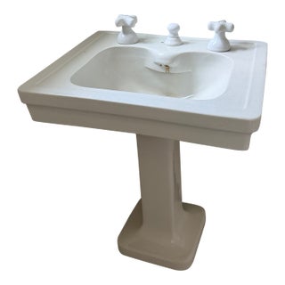 Vintage American Porcelain Pedestal Sink With Integrated Faucet & Cross Handles For Sale