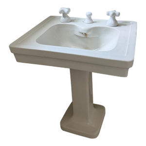 Vintage American Porcelain Pedestal Sink With Integrated Faucet & Cross Handles