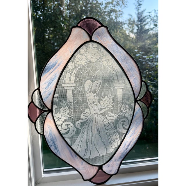 Victorian Rare 18" Vintage Leaded Stained Glass Panel With Encapsulated Dutch Picture Lace – Victorian Maiden Scene For Sale - Image 3 of 4
