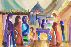 Circa 1980 "Marketplace" Abstract Figurative Watercolor Painting by Doris Ann Warner
