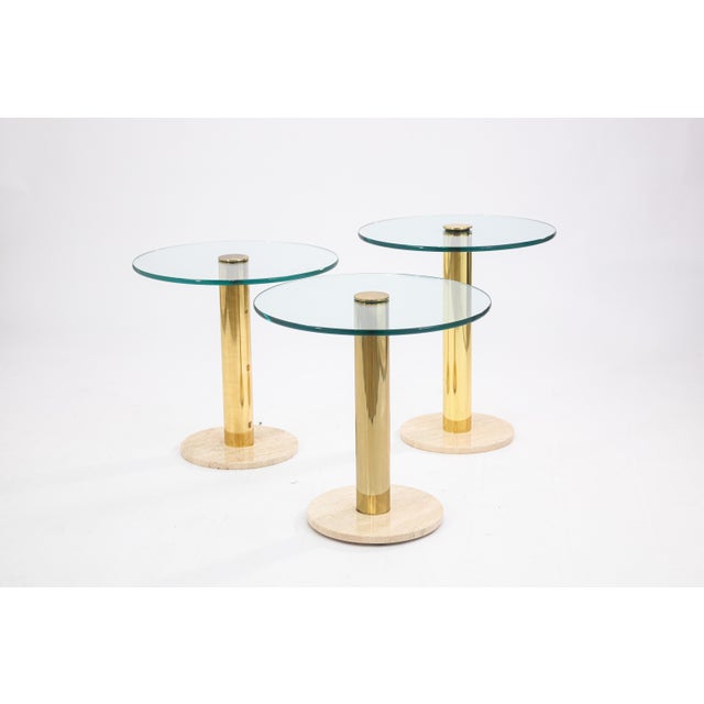 Late 20th Century Set of 3 Leon Rosen for Pace Brass Glass & Travertine Post Modern Side Tables For Sale - Image 5 of 6