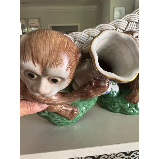 Antique Pair of Early Export Chinoiserie Ceramic Monkey Vase/Candlestick Holders For Sale - Image 12 of 12