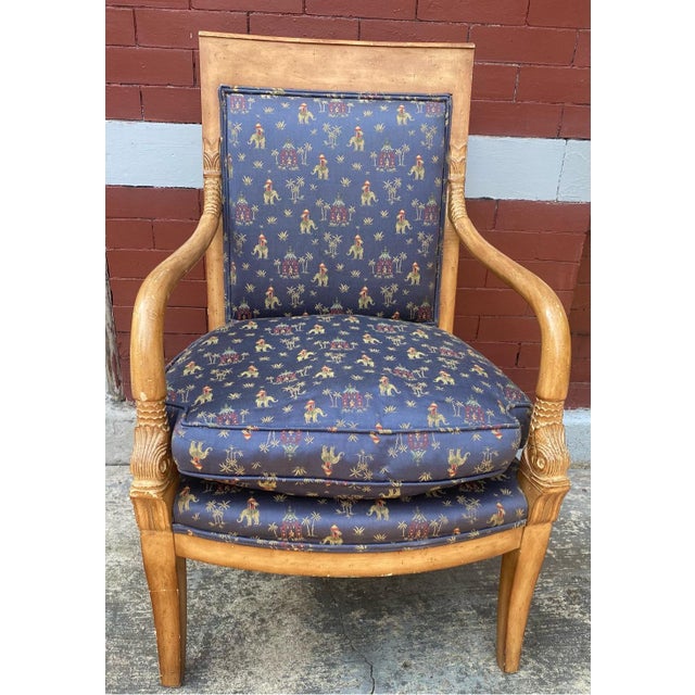 Antique French Empire Style Armchair With Carved Arm Dolphins Chinoiserie Elephant Upholstery For Sale In Pittsburgh - Image 6 of 7