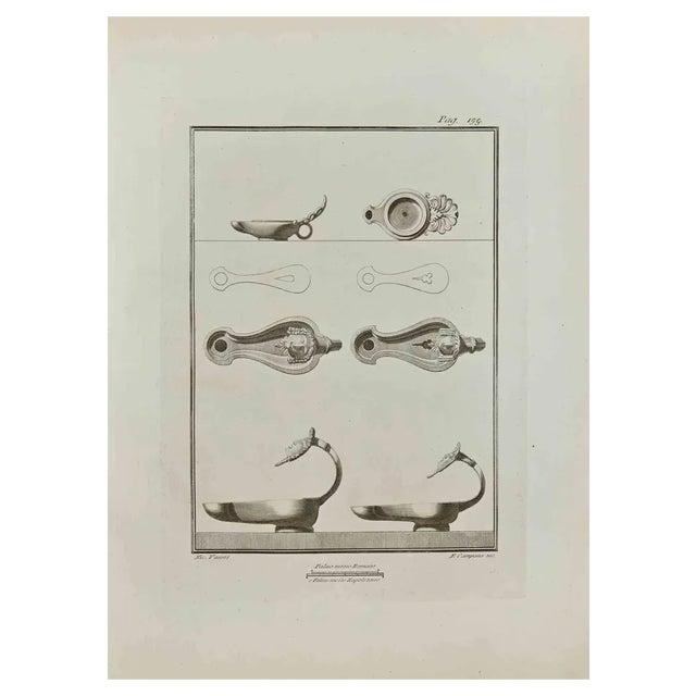 Ferdinando Campana, Oil Lamp with Woman's Head, Etching, 18th Century For Sale