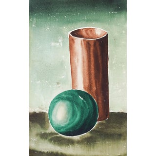 Mid Century Teal & Brown Geometric Still Life Watercolor Painting For Sale