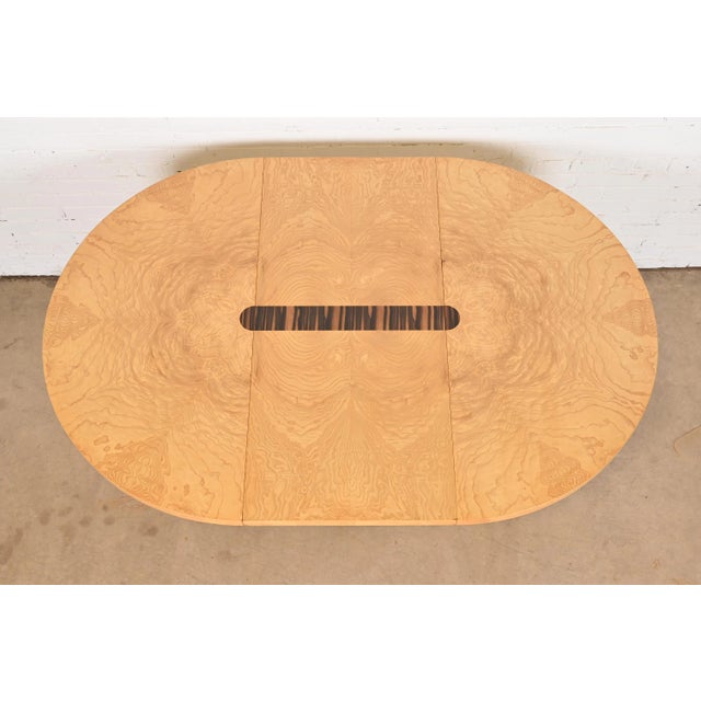 1970s Milo Baughman Style Mid-Century Modern Burl Wood and Macassar Ebony Pedestal Dining Table by Henredon, Newly Refinished For Sale - Image 5 of 12