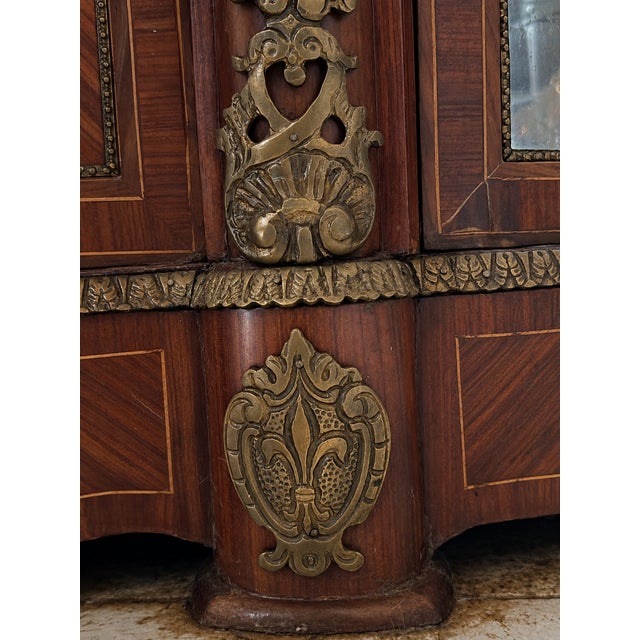 Wood Early 20th Century French Louis XVI Revival Bronze-Mounted Marquetry & Marble-Top Display Credenza For Sale - Image 7 of 11