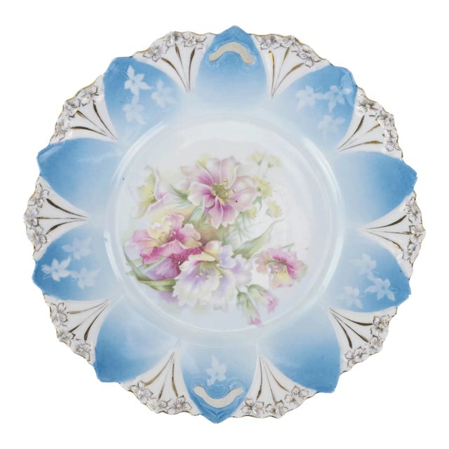 Antique Blue and White Scalloped Porcelain Plate With Pastel Flowers For Sale