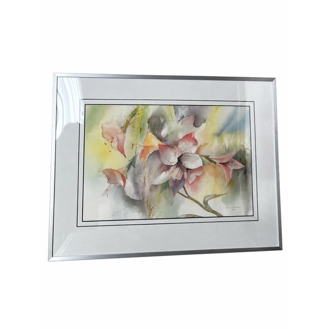 1989 Signed Abstract Floral Watercolor in New Silver-Tone Frame For Sale - Image 11 of 16