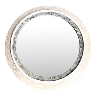 Postmodern Grey White and Tan Tessellated Stone Circular Wall Mirror For Sale