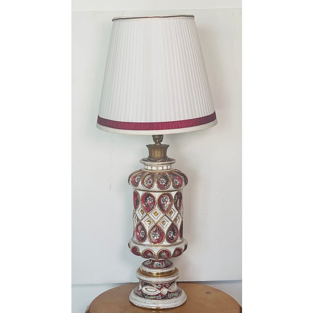 Fabulous Italian antique Cantagalli for Artaldt Daliso Lustro hand painted porcelain lamp with pleated shade and pleated...