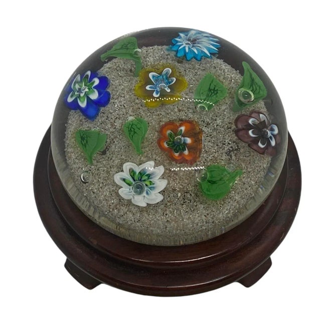 Vintage Ferro & Lazzarini Murano Italy Flower Garden Glass Paperweight With Round Wood Stand For Sale - Image 12 of 12