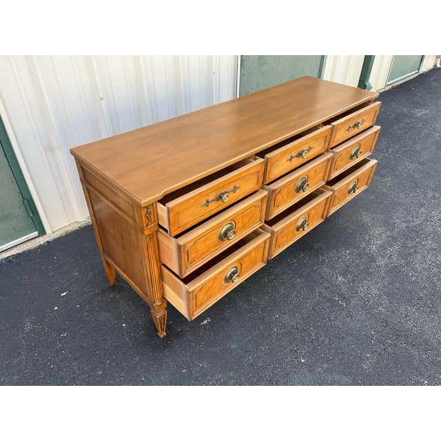 Vintage 9-Drawer Neoclassical Fruitwood and Burl Dresser For Sale - Image 9 of 12