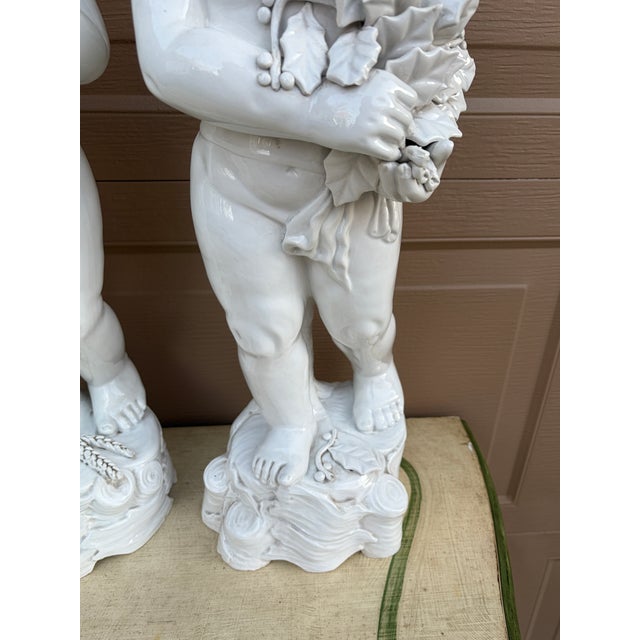 Mid 20th Century Neoclassical Italian White Porcelain Allegorical Cherub or Putti Statues of the Four Seasons, Set of 4 For Sale - Image 15 of 18
