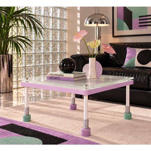 A vintage, 1992 one-of-a-kind handmade metal and acrylic coffee table by artist Mitch Levin. It has a heavy, industrial...