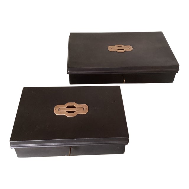 Late 20th Century Set of Two Metal Storage Boxes With Brass Handles and Working Keys For Sale