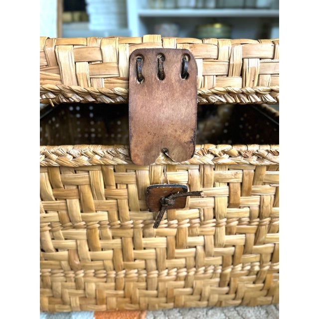 Brown Vintage Woven Rattan Storage Box With Leather Closures | Lidded File Box, Custom Designer Fabric Lined Interior, Boho Coastal Decor For Sale - Image 8 of 12