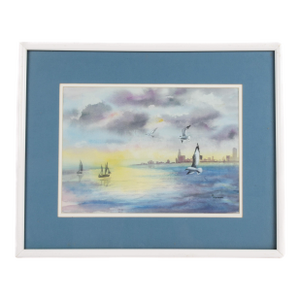 Framed Gouache and Watercolor Seascape by Henry Herrick