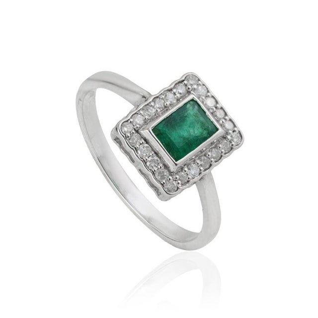 Octagon Cut Geometric Zambian Emerald Ring With Diamond Halo in Silver, Size 6.5 For Sale - Image 4 of 14