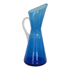 Tall Hand Blown Mid Century Style Glass Blue Pitcher With Clear Handle