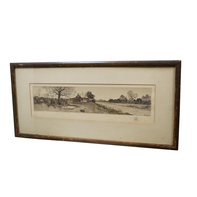 Realism Antique James Calahan Farmhouse Cottage Panoramic Landscape Etching 25" For Sale - Image 3 of 10