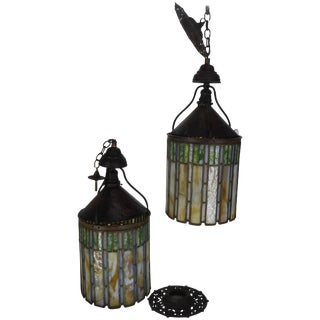 I. P. Frink Stained Glass Hanging Light Fixtures For Sale