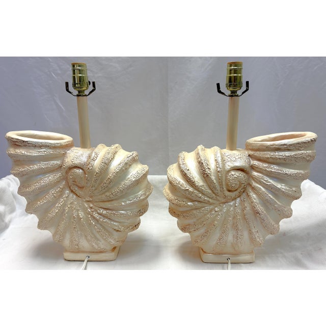 Peach C1980's Palm Beach Chic Nautilus Shell Table Lamps- A Pair For Sale - Image 8 of 18