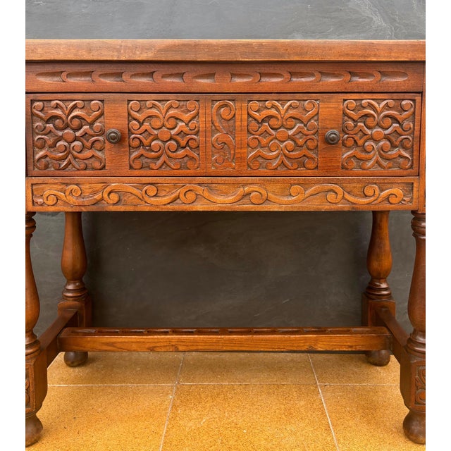 1940s Spanish Renaissance Low Console Table with Carved Front and Single Drawer For Sale - Image 13 of 13
