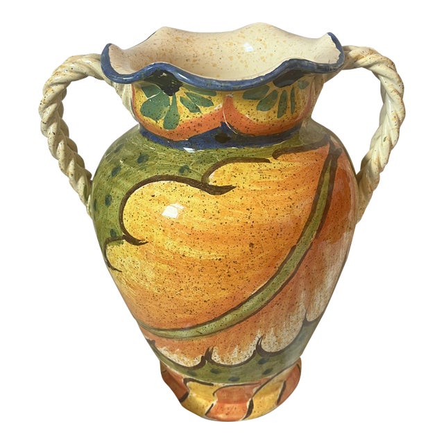 Italian Handpainted Ceramic 2 Handled Vase, Made in Italy by Anita Mary Archer For Sale