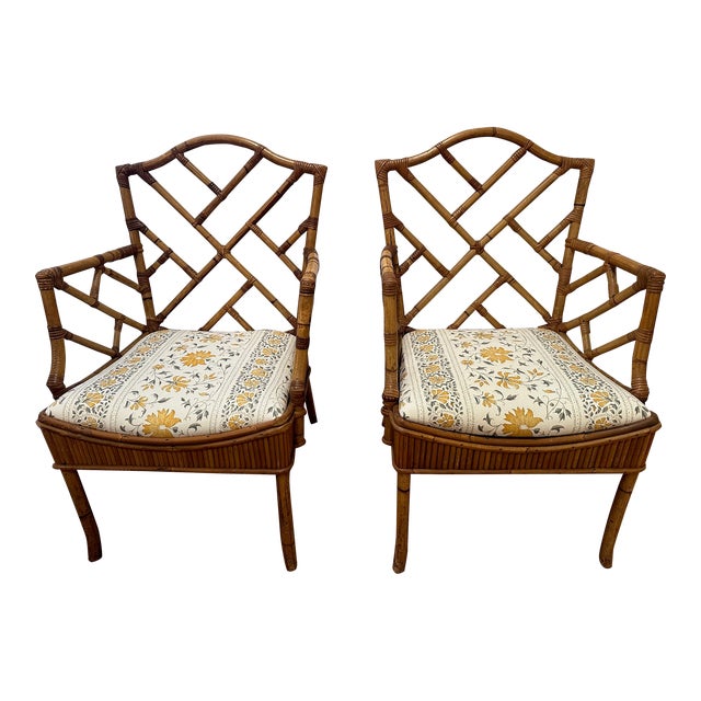 Bamboo Vintage Chippendale Style Armchairs -A Pair For Sale