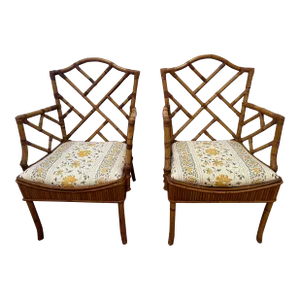 Bamboo Vintage Chippendale Style Armchairs -A Pair