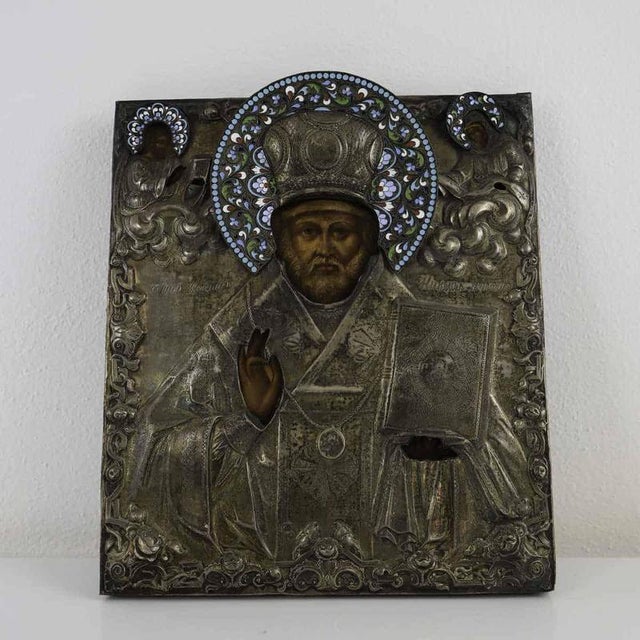 Icon of Saint Nicholas, 1865, Wood and Silver For Sale - Image 15 of 15