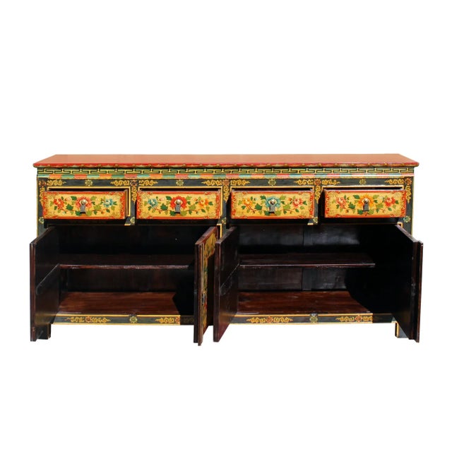 2000 - 2009 Chinese Tibetan Color Flower Graphic Credenza Sideboard Console Cabinet For Sale - Image 5 of 7