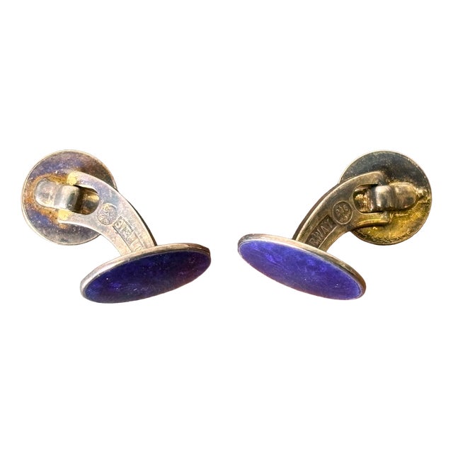 Art Deco Blue Guilloche Enamel and 925 Sterling Cufflinks by David-Andersen for Guttorm Kristiansen, Norway, 1930s, Set of 2 For Sale