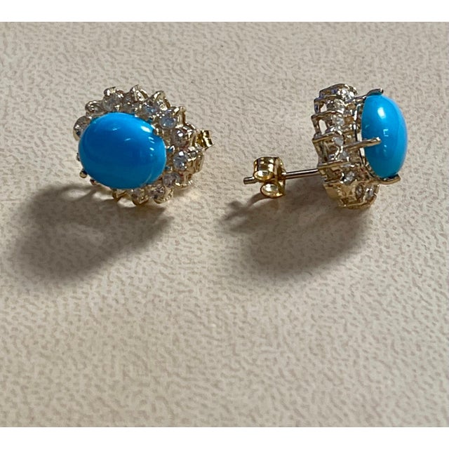 8 Ct Oval Sleeping Beauty Turquoise 1.5ct Diamond Stud Earrings 14 K Yellow Gold For Sale - Image 9 of 18