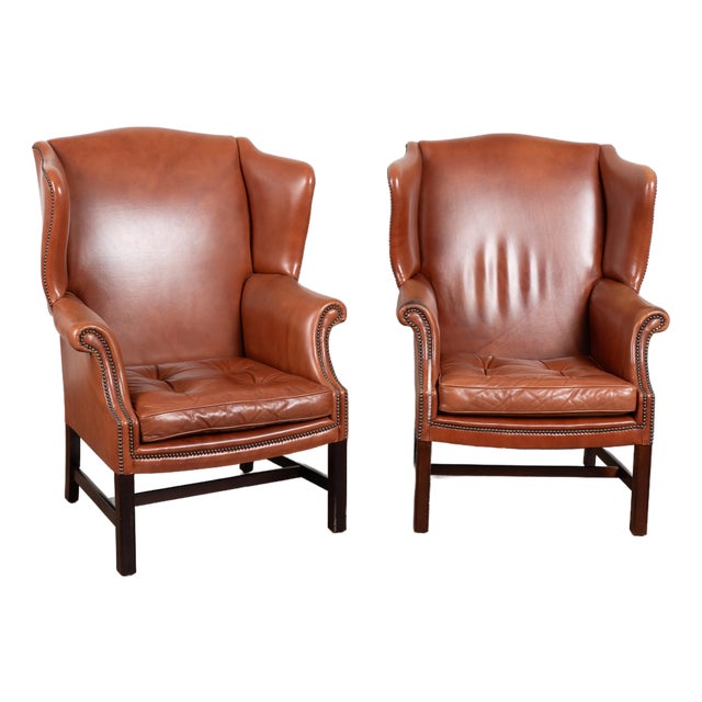 Pair of 20th Century Vintage Danish Leather Wingback Club Chairs For Sale