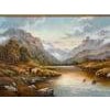 River Landscape with Highland Cows & Sheep in the Scottish Mountains by 20th Century British Artist, Wendy Reeves....