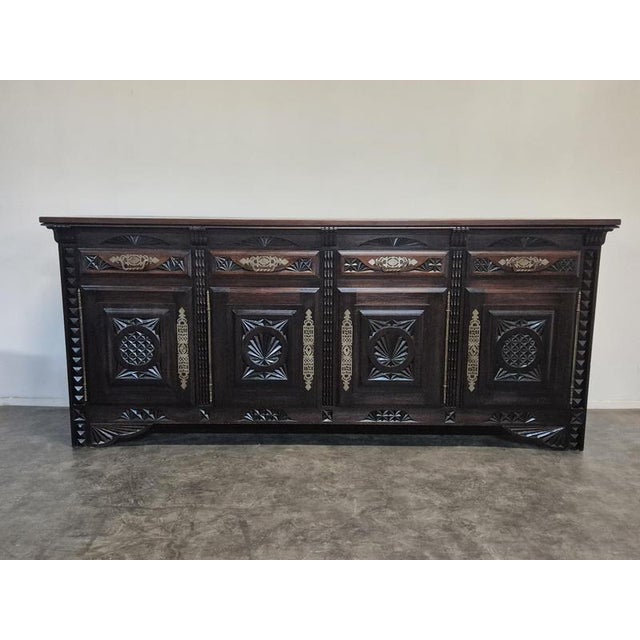 Breton Sideboard with Four Doors in Carved Oak and Brass For Sale - Image 3 of 10