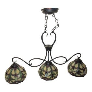 Vintage Art Nouveau 3 Light Stain Glass Chandelier With Jewels For Sale
