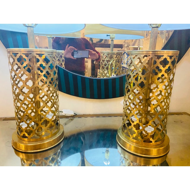 Metal Modern Moroccan Handmade Gold Brass Table Lamp Bottom & Upper Light - a Pair For Sale - Image 7 of 12