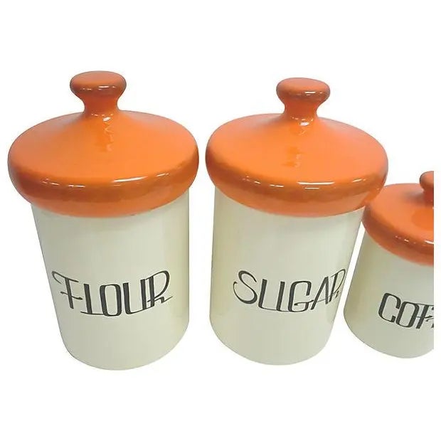 Mid-Century Modern Mid-Century Ceramic Kitchen Canister Set of 4 in Off White and Orange For Sale - Image 3 of 4