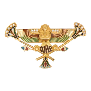 Egyptian Revival Pendant Brooch Pharaoh 18k Yellow Gold Diamond Enamel Art Deco