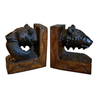 Pair of Carved Wood Bear Bookends For Sale
