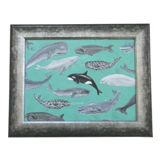 Whales Seascape Nautical Coastal Beach Blue Aqua Gray Original Oil Painting by Cleo Plowden For Sale