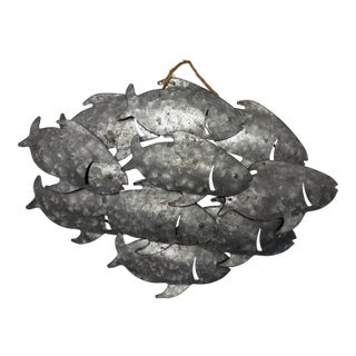 Late 20th Century Galvanized Metal Fish Wall Art | Coastal Nautical School of Fish Decor | Beach House Wall Hanging For Sale