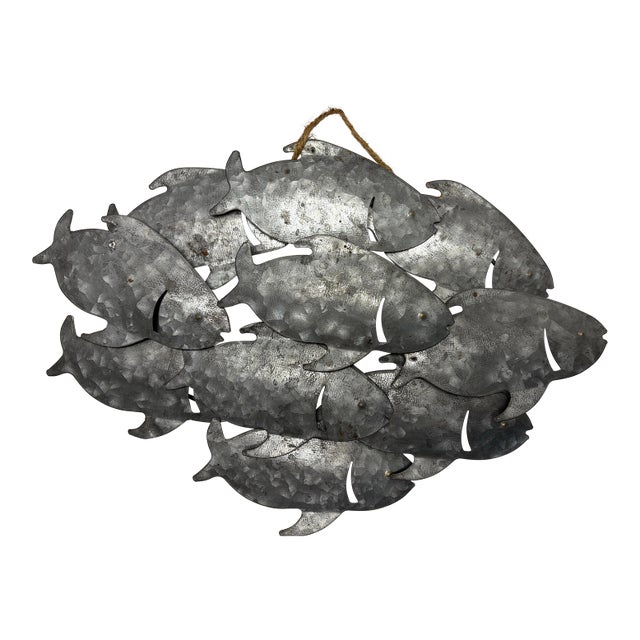 Late 20th Century Galvanized Metal Fish Wall Art | Coastal Nautical School of Fish Decor | Beach House Wall Hanging For Sale