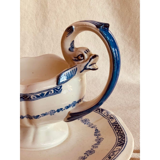 Blue Rare 1800s Gien France Serpent & Fantasy Animal Design Sauce Boat For Sale - Image 8 of 12