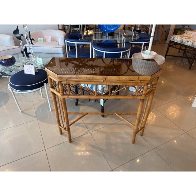 Vintage Brighton Style Rattan Woven Cane Tortoise Demi Lune Console Table For Sale - Image 9 of 12