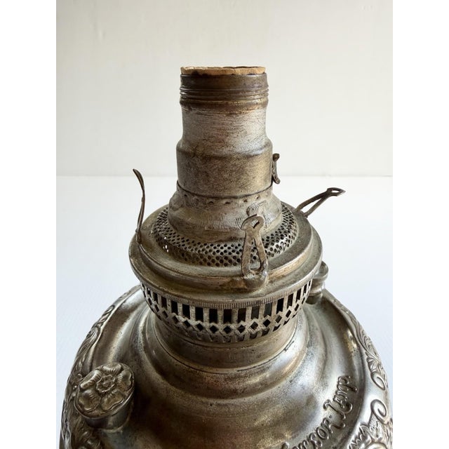 The Meteor Silver Repousse Antique Oil Lamp, Converted to Electric For Sale - Image 13 of 18